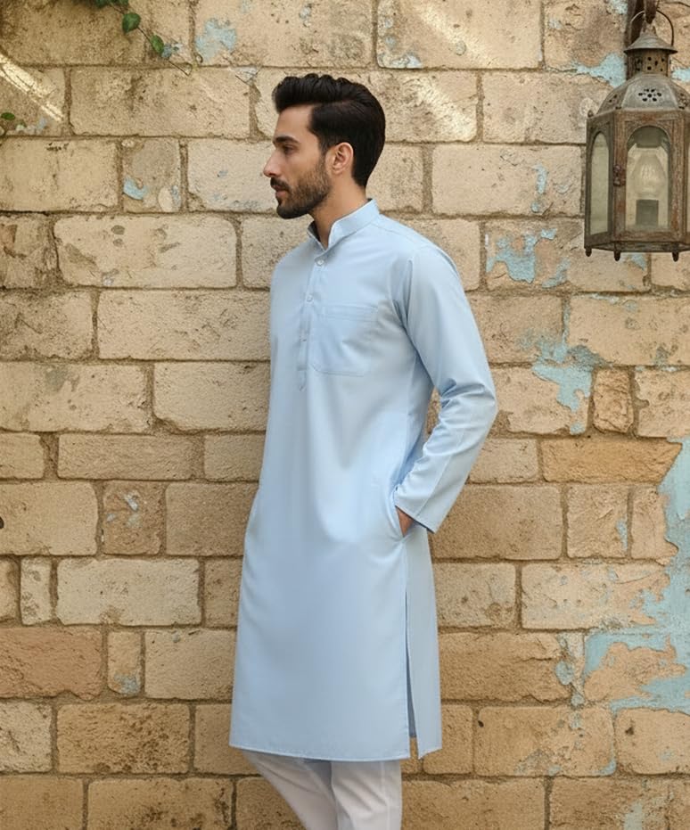 Image of Men's Cotton Blend Blend Knee Length Solid Color Style Stright Long Mandrin Collor Ethnic Casual Wear Kurta Only