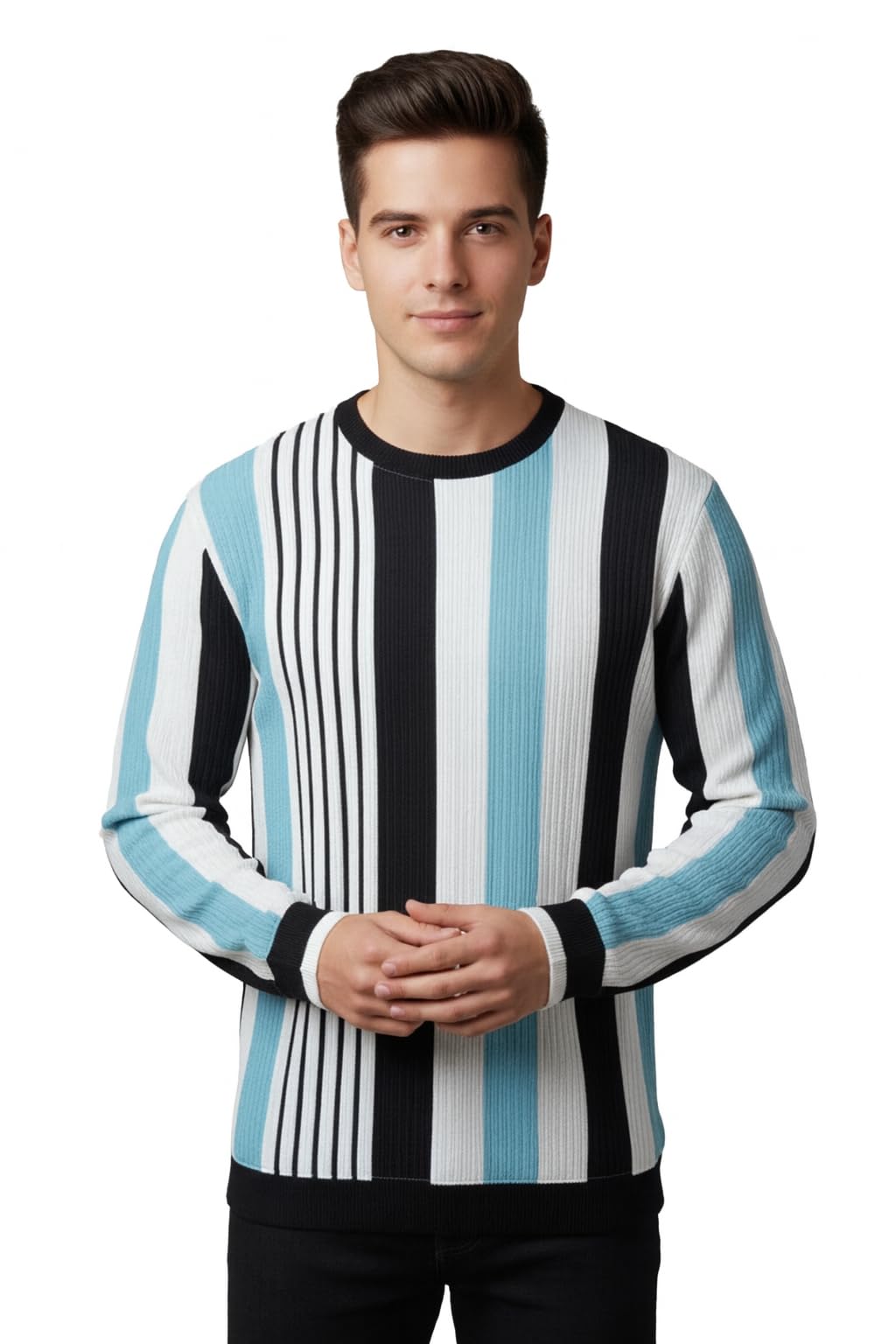 Men's Striped Knit Sweater, Long Sleeve Pullover in White, Light Blue and Navy, Casual Winter Wear-picture-38