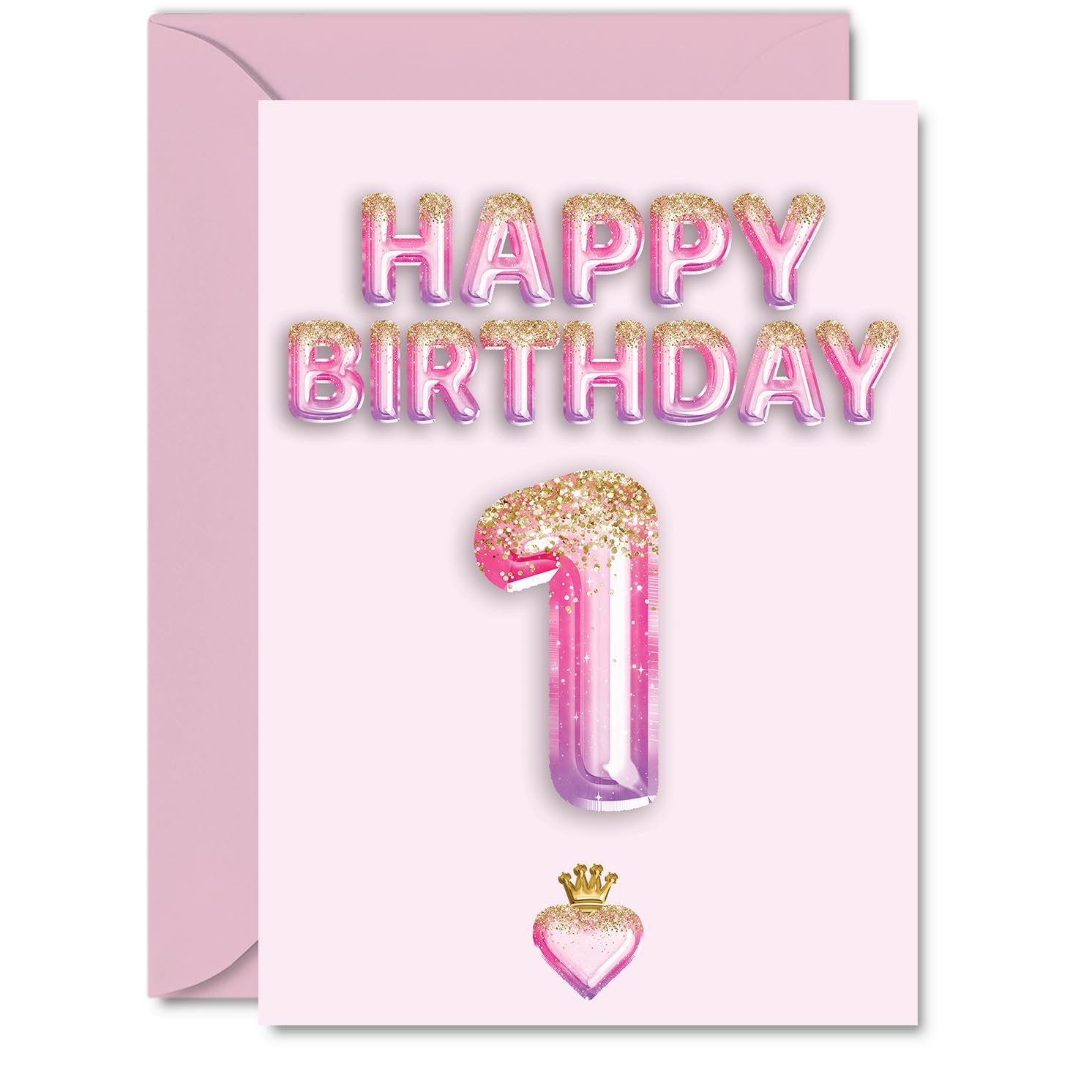 1st Birthday Cards for Girls and Boys, Pink & Purple Glitter Balloons