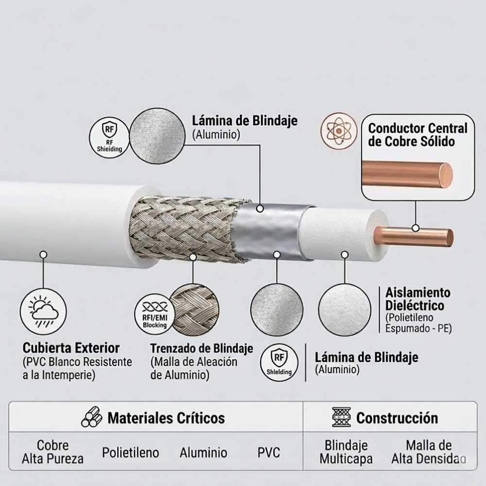 Silex | Cable Coaxial RG58U 50 Ohm Cobre Sólido 100 m | Doble Blindaje Bajas Pérdidas | Cubierta PVC Blanco Flexible | Para Antenas, Radioaficionados, RF, Telecomunicaciones