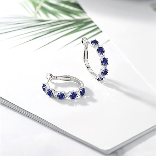 Miniatura 5 de Gem Stone King 925 Sterling Silver Gemstone Birthstone and White Moissanite Hoop Earrings for Women Round Cut 4MM and 1.9MM Stones 1 Inch Diameter