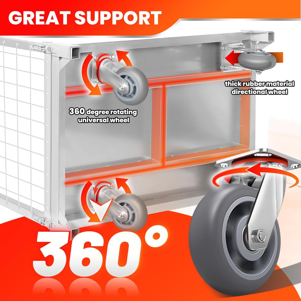 Carro de Plataforma con Jaula,Carro de Plataforma Resistente con Ruedas de Goma, Carga de 300 Kg,Carro de Plataforma con Valla,Carretillas Manuales para Almacén,Comestibles