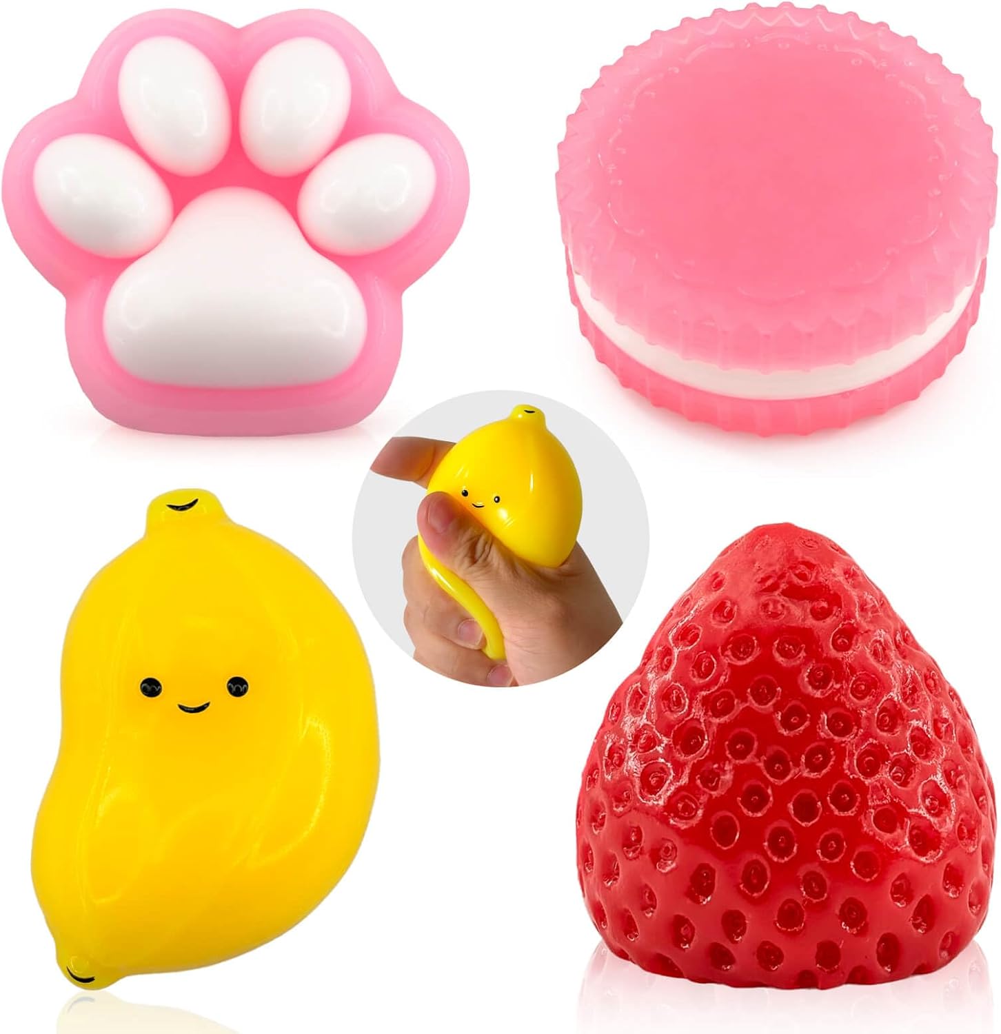 Taba Squishy Toys 4 Pack, Soft Sensory Fidget Squeeze Toys for Stress Relief, Kawaii Fufu Squishies for Kids & Adults, Party Favors, Goodie Bag Fillers