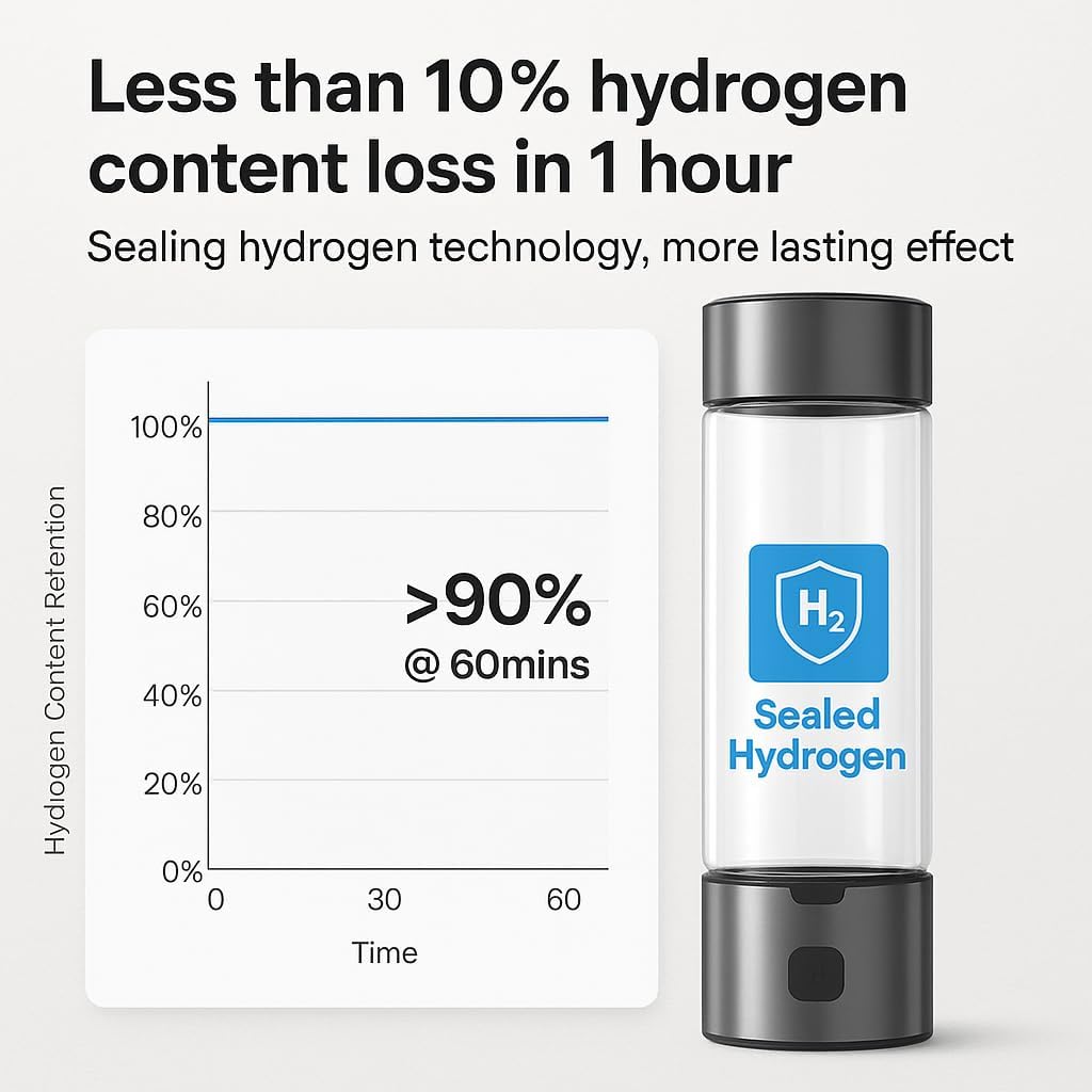 Portable Hydrogen Water Bottle, Hydrogen-Rich Water Generator, 3-Min 1700ppb, Food-Grade Glass, Rechargeable Hydrogen Water Maker for Daily Healthy Hydration
