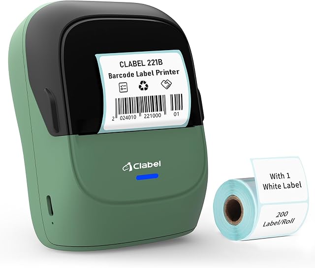 CLABEL Label Maker Machine: 221B Thermal Label Printer 2 Inch Sticker Bluetooth Label Printer Portable Barcode Printer Compatible with iOS & Android for Home Business Office Organization (Green)
