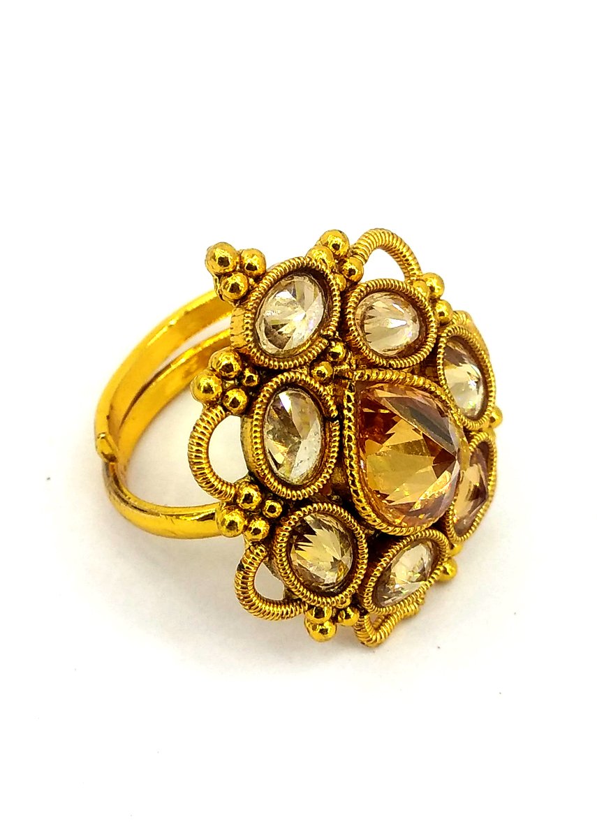 Richa's Desinger Gold Plated Polki Kundan Ring In Free Size For Women