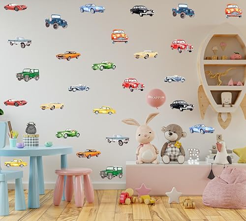 Miniatura 3 de Calcomanías de pared clásicas de acuarela para automóvil, diseño retro de auto todoterreno, calcomanías de vinilo para pared, diseño de auto vintage