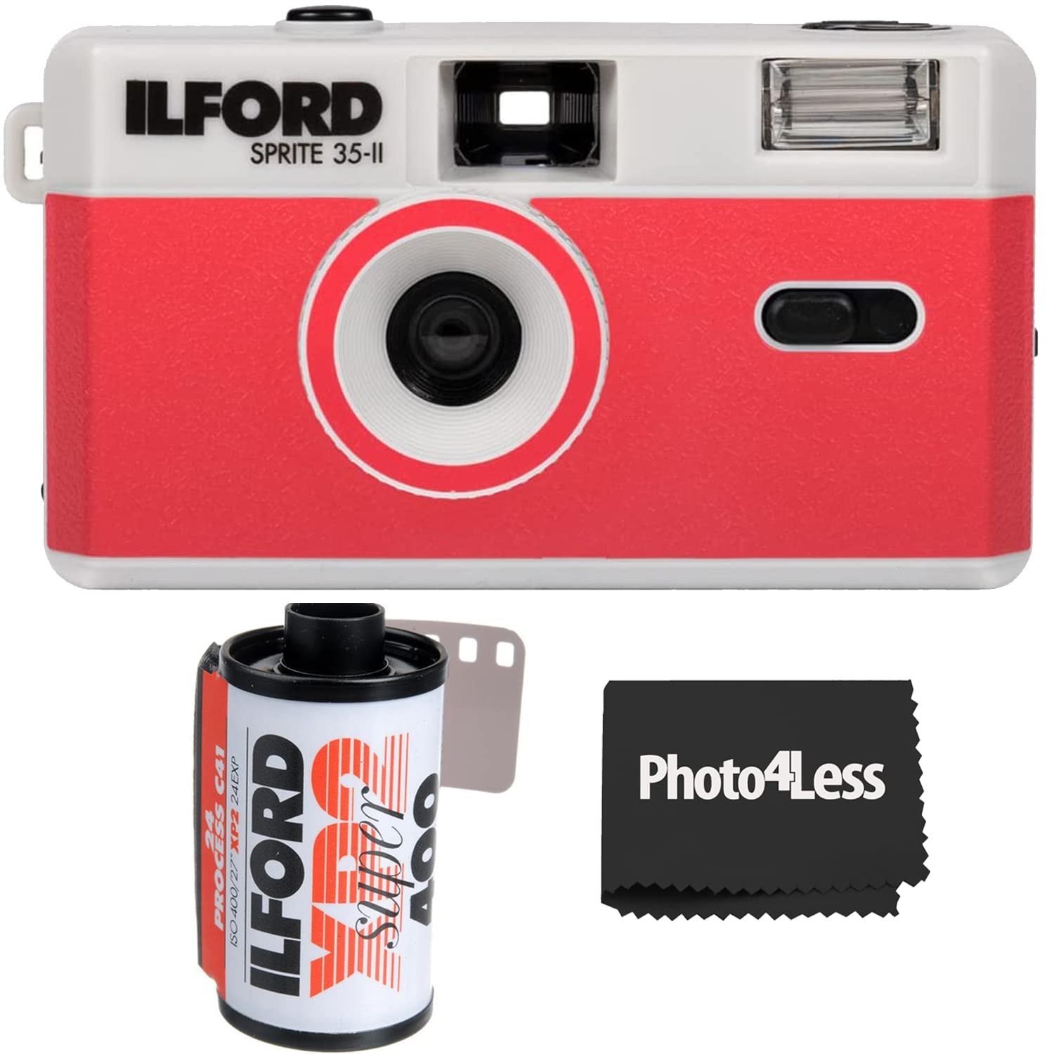 Ilford Sprite 35-II Camera Silver and Red + Ilford XP2 400 35mm B&W Film 24 Exposures