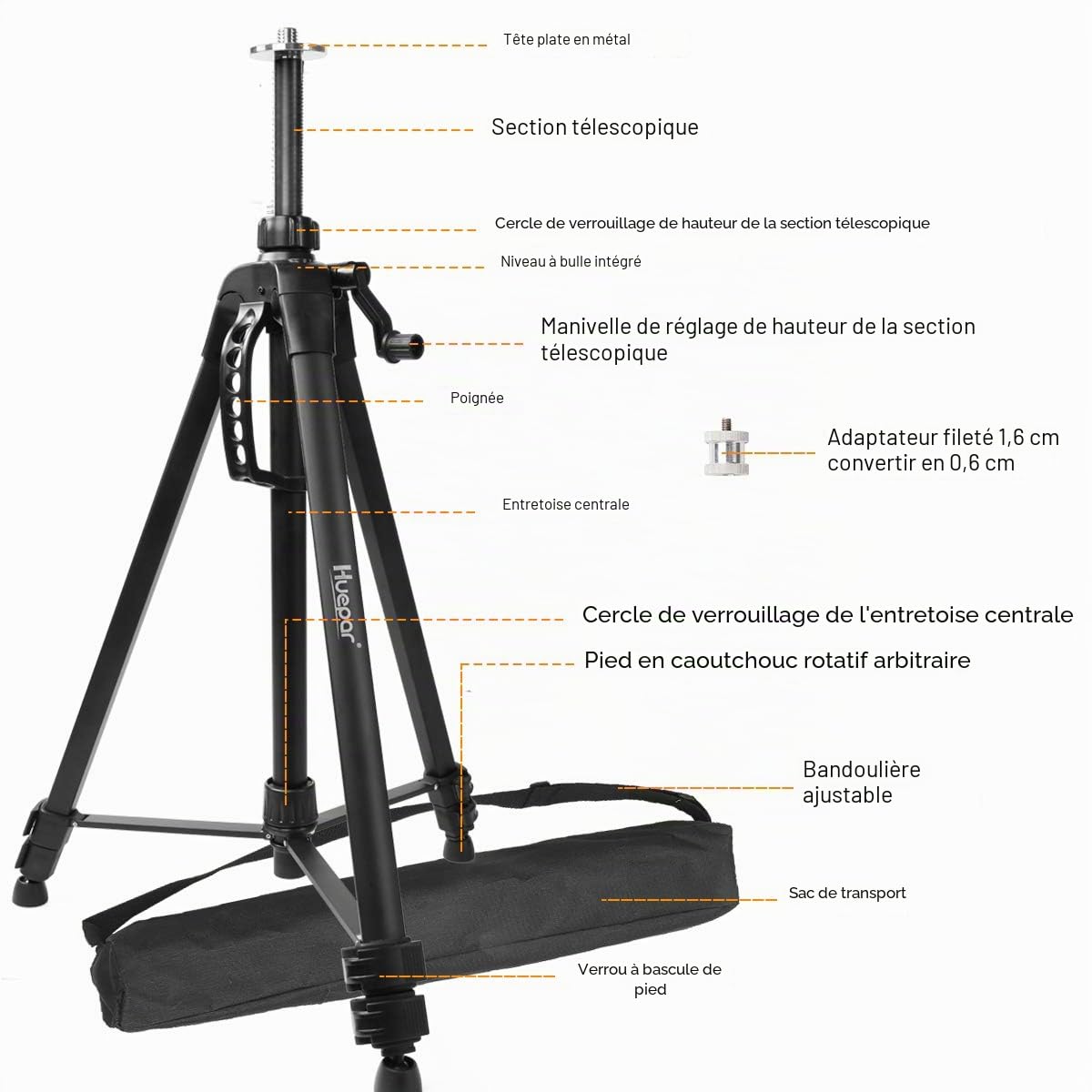 Huepar TPD16 Trépied en aluminium tête plate niveau laser poignée niveau à bulle filetage 5/8"-11 adaptateur 1/4"-20 sac de transport inclus