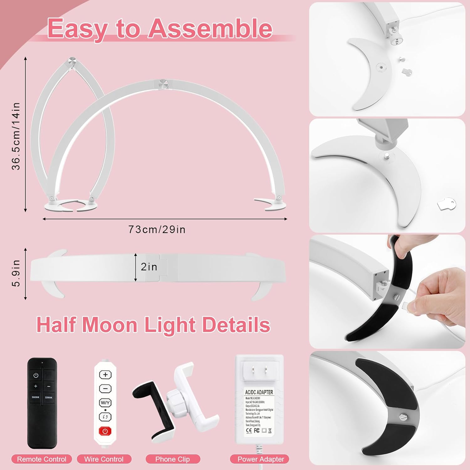 BQAN Half Moon Light for Nail Desk, 29'' 40W Nail Tech Desk Lamp with Phone Holder & Wire Controller & Remote, Stepless Adjustment Desk Lamp for Nails, Tattoo, Eyelash Extensions, White, BYXMJDHY-23