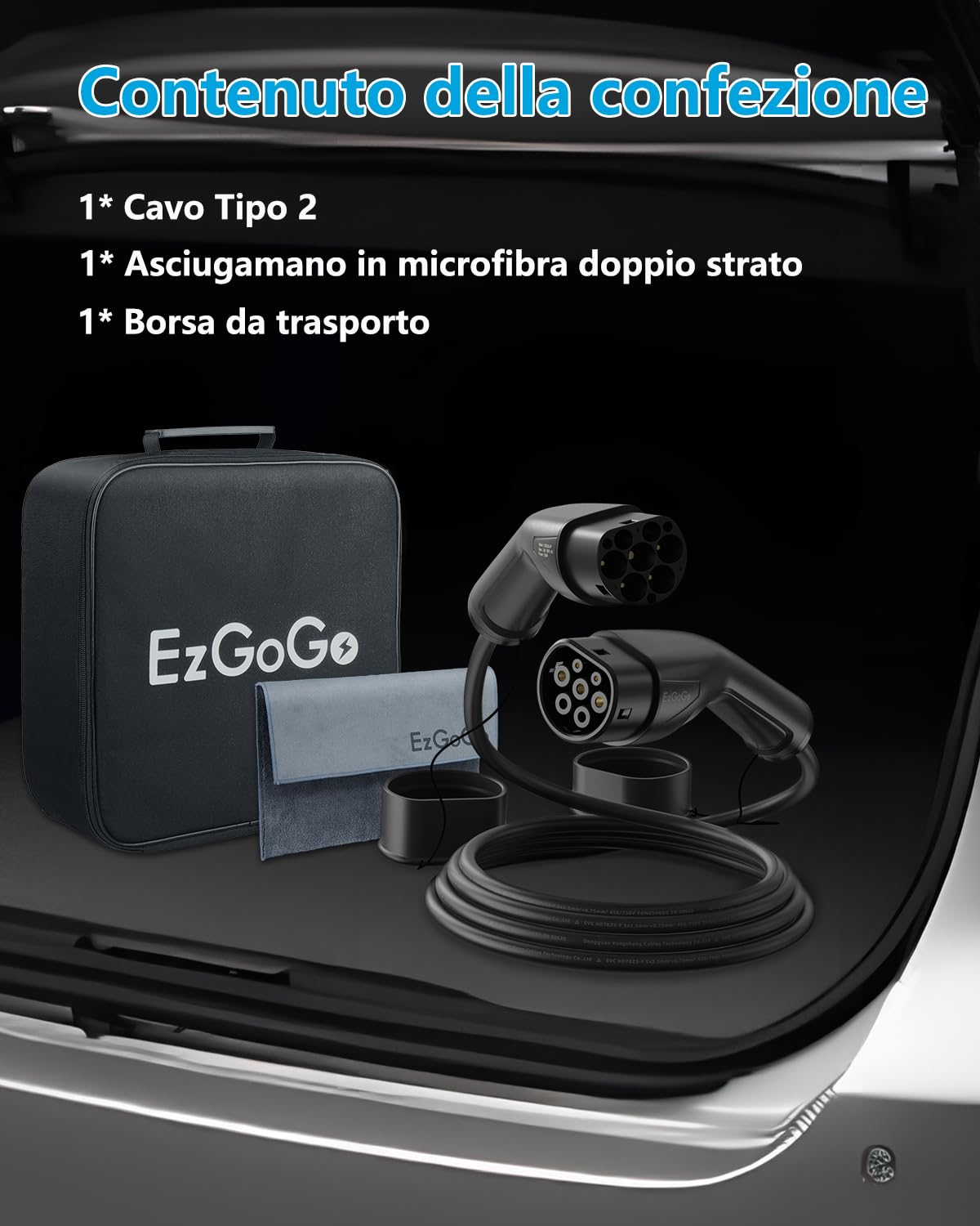 EzGoGo Cavo Ricarica Auto Elettrica Tipo 2, Modalità 3 / 32A / 22 KW / 3 Fase / 5 Metri, Con Borsa per Il Trasporto e Asciugamano in Microfibra