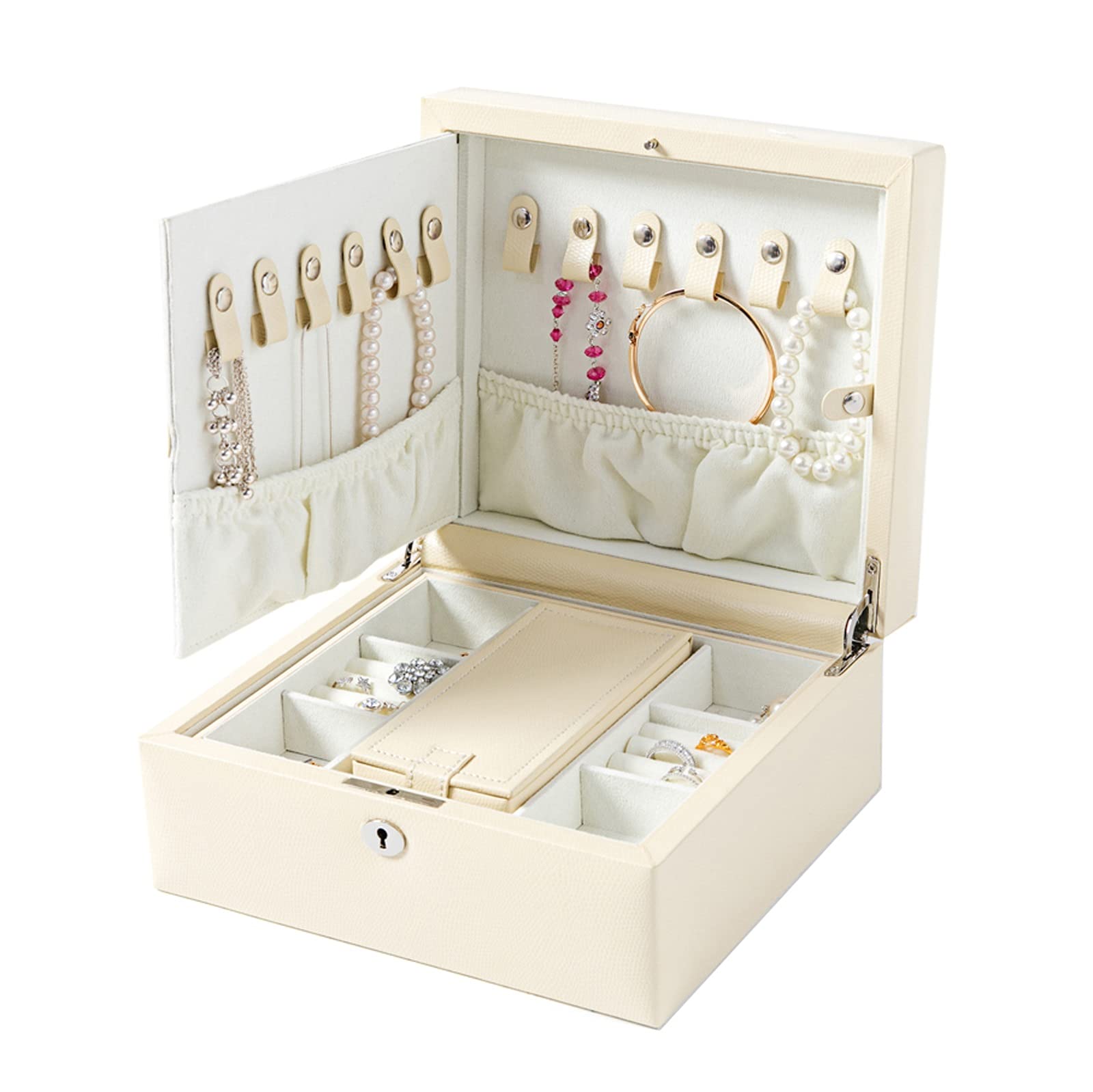 Jewelry Box 2 Tier Large Capacity Jewelry Box Pu Leather Jewelry Organizer with Mirror Lock Earring Ring Necklace