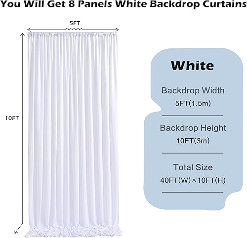 Miniatura 2 de Cortinas de fondo blancas sin arrugas de 40 x 10 pies para fiestas, 8 paneles de 5 x 10 pies, cortinas de boda de poliéster suave y sedoso para