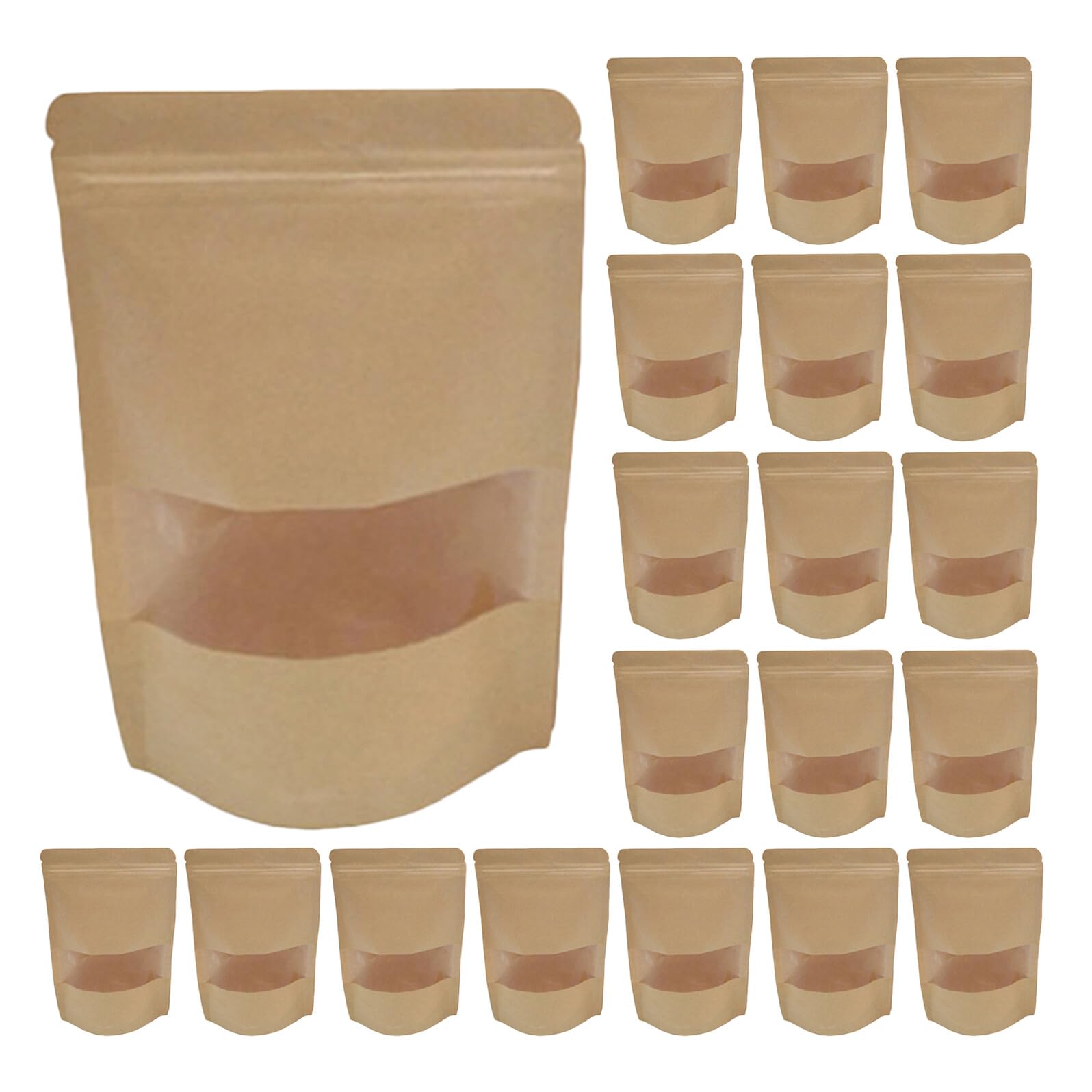 GANAZONO 50 pièces Papier Kraft Alimentaires avec Fenêtre Transparente Sacs Refermables Stand-up pour Snacks Emballage Polyvalent pour Pâtisseries Noix Thé Lot
