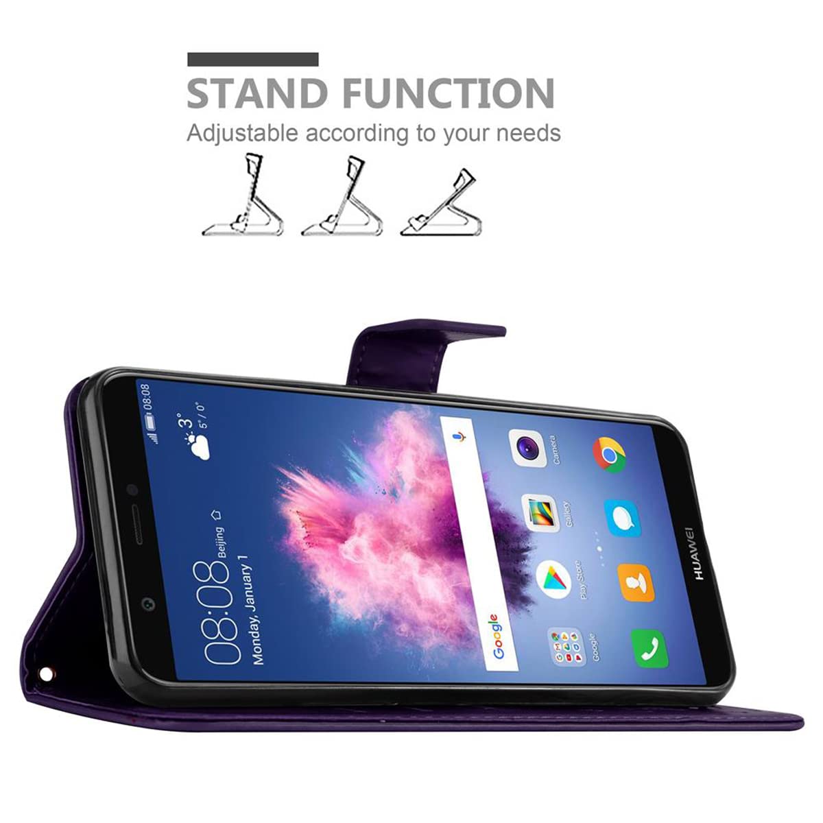 Cadorabo Custodia Libro Per Huawei Enjoy 7s – Fiori Lilla Scuro, Portafoglio Con 3 Slot E Funzione Stand