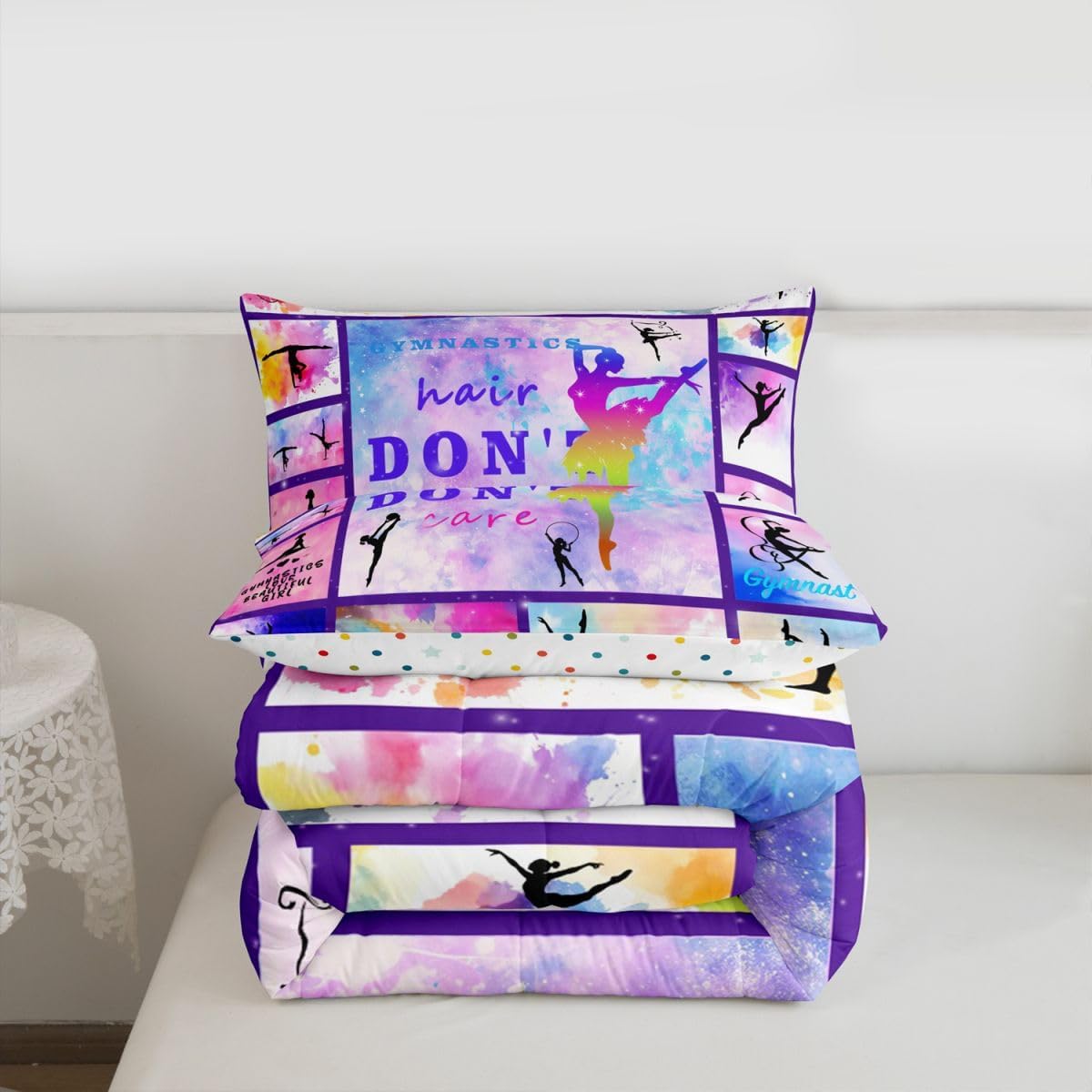 Erosebridal Gymnastics Gift Duvet Insert Twin Size, Gymnast Dancers Comforter Set Gifts for Gymnast Lovers, Watercolor Tie Dye Bedding Set Plaid Patchwork Quilted Duvet Bedroom Decor, Purple