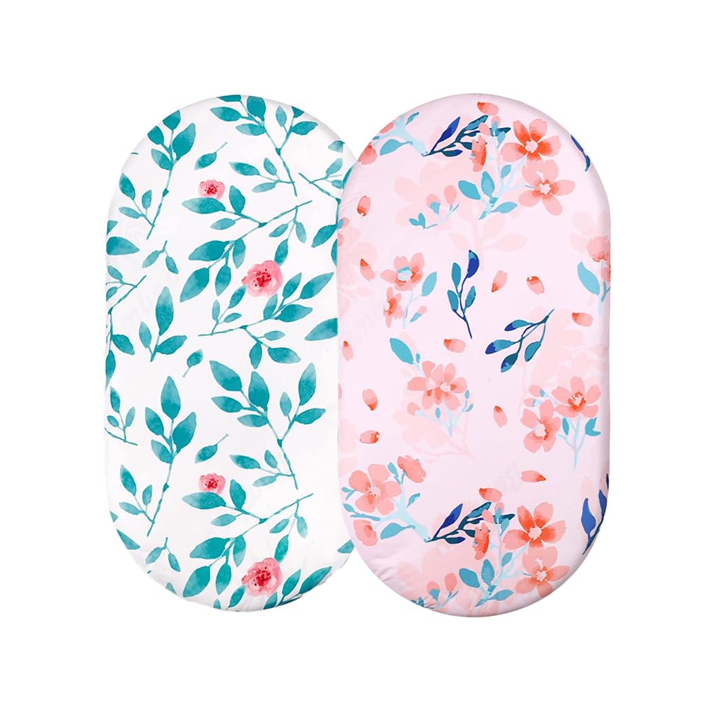 Azonee 2 Pack Baby Bassinet Crib Sheets, 32X16.5 In Breathable Cozy Fitted Mattress Sheet, Elastic Travel Crib Fashionable Floral Pattern, Standard Cradle Safe Sheets for Baby Boy Girls