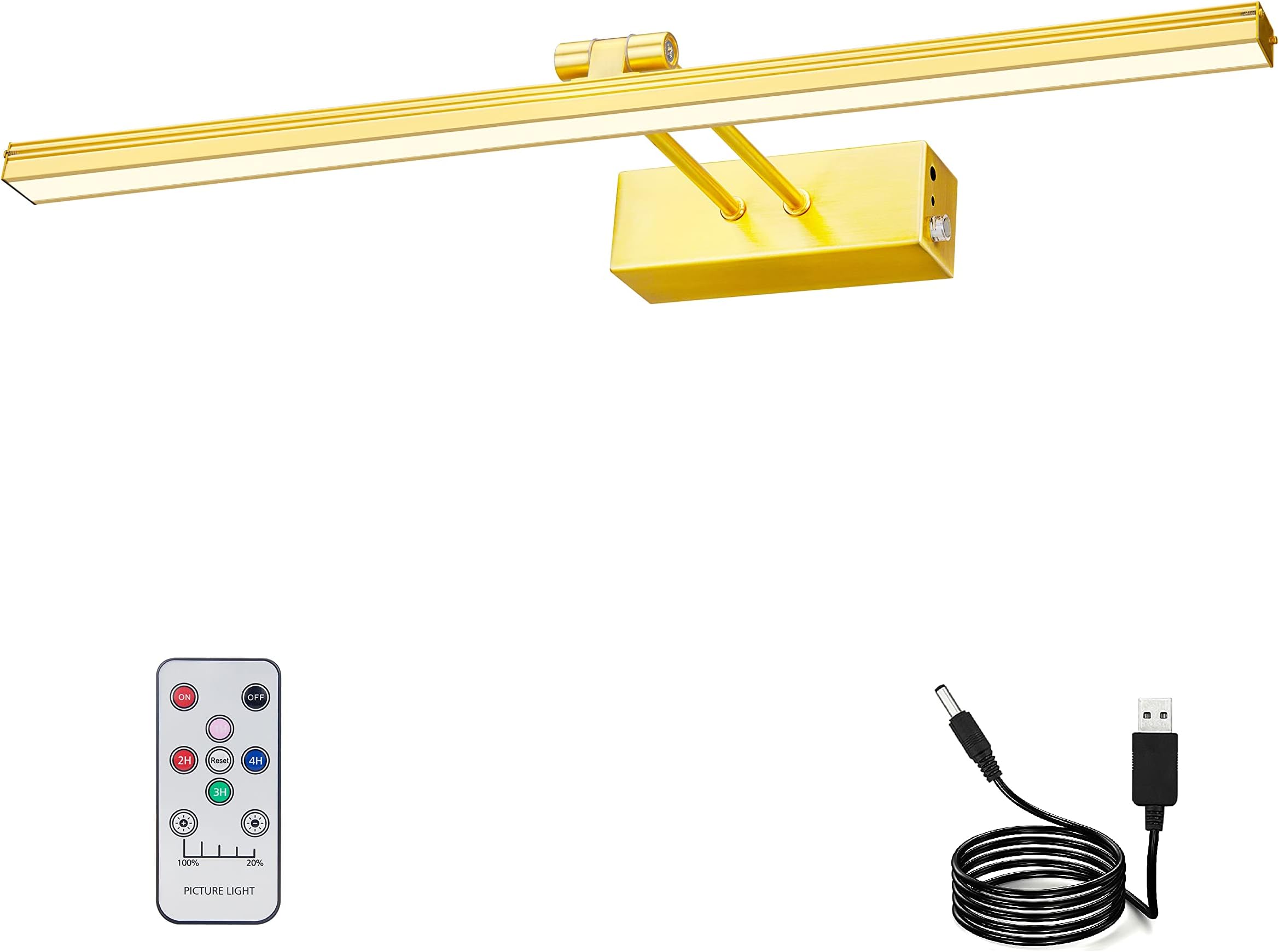 RAIFOOLLY Picture Light,5000mAh Rechargeabl Art Lights for Paintings,Remote 16" Display Accent Lighting with Timer and Dimmable for Wall,Frame,Portrait-Brass