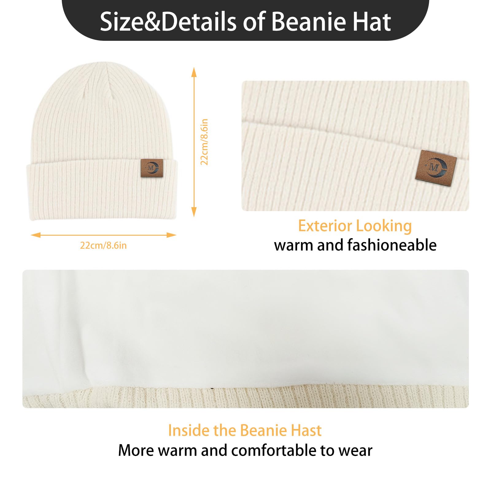 MARUKO Femme Tricotés Ensemble d'hiver Bonnet écharpe Gants d'écran Tactile 3 en 1, Doublure Molleton Doux Bonnet tricoté Chaud Cache-Cou Extensible Gants tactiles à 2 Doigts pour Femme