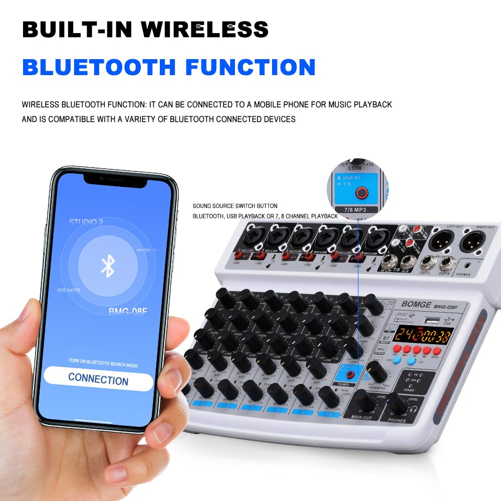 BOMGE 8 channel mini audio mixer Line Mixer ，DC 5V，with MP3 Player,Bluetooth, U disk 48V,24DSP effects, USB recording Ideal for Small Clubs or Bars, Studio Recording (8 channels-WHITE)