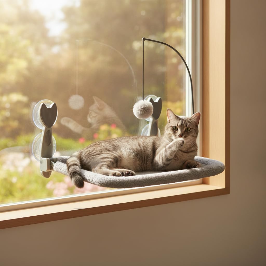 Gatti con Ventose Pieghevole, 灰色四季款（配逗猫棒）, 30 * 60cm | Fissaggio a ventosa, Cuccia Gatto Relax, Spazio dedicato gatto, For famiglie con gatti