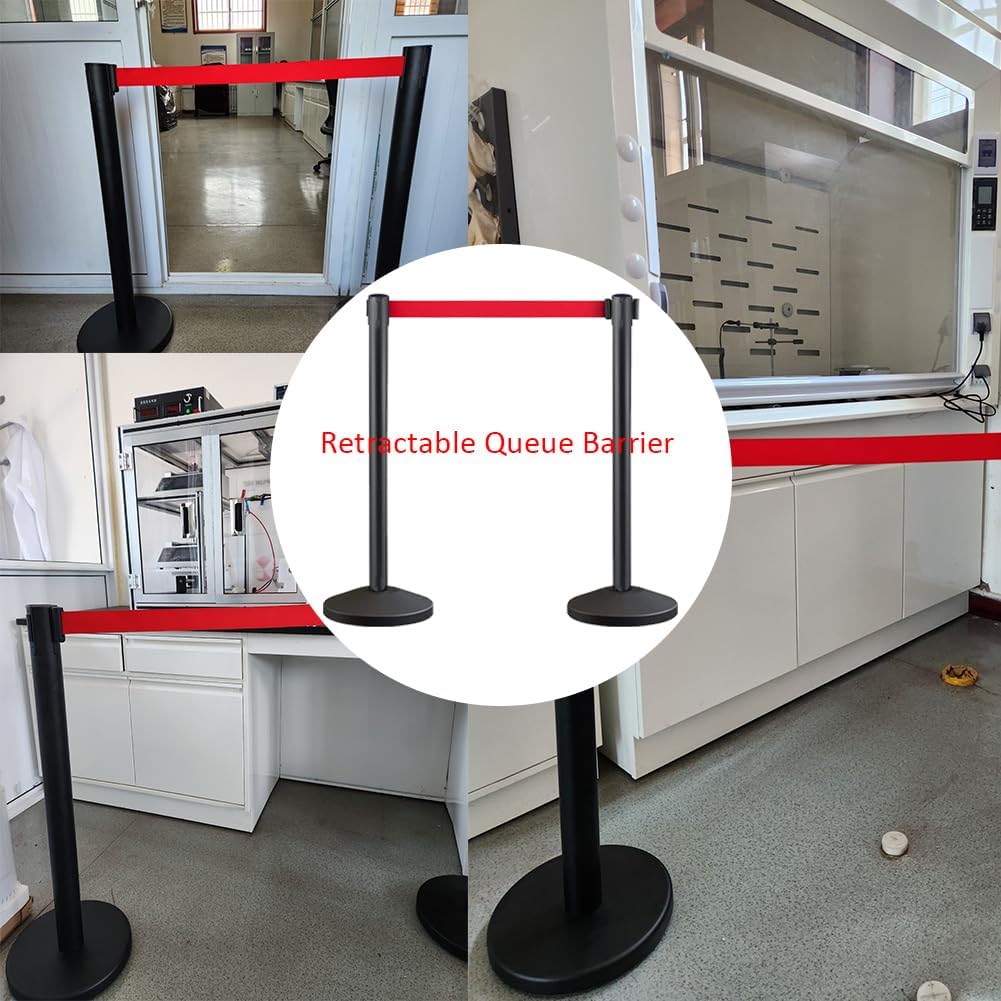 Premium Absperrstab mit Seil - Robuster Crowd Control Bandstab für Warteschlangen, Events & Ladenmanagement, Kohlenstoffstahl Seilabsperrungen,Set mit 6.5 ft/2 m rotem einziehbarem Gürtel (4)