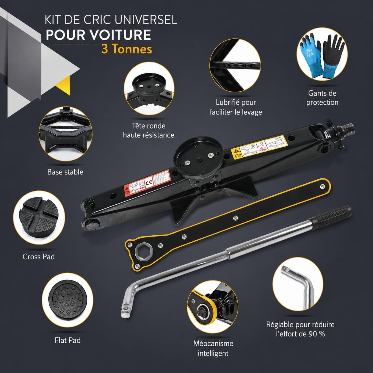 Kit Cric Voiture 3 T | Cric à Ciseaux Portable pour SUV et Voitures
