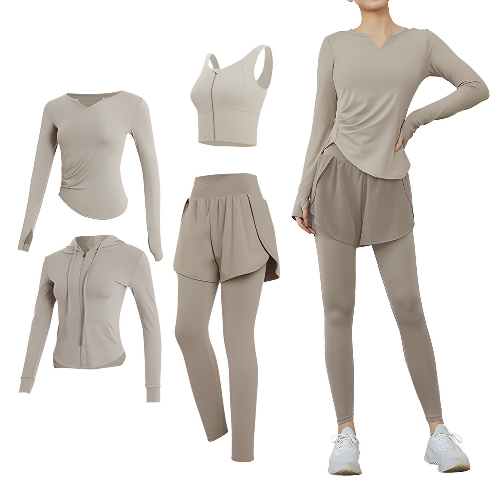 4-Piece Womens Long Sleeve Activewear Set Includes Tank Shorts Pants And Top Polyester Spandex Blend Breathable Fabric Xxl