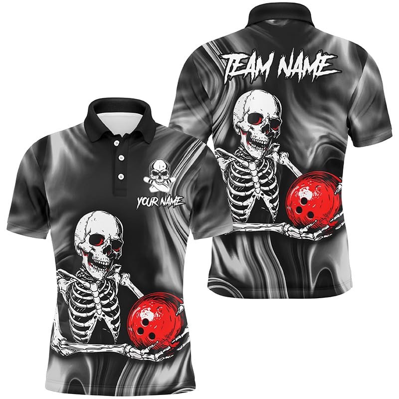 PIONAMZIOZ Personalized Bowling Shirt Men Women Skull Bowling Team Jersey Polo & Quarter-Zip Shirt for Bowler (US, Alpha, X-Small, 5X-Large, Regular, Regular, Men Polo)