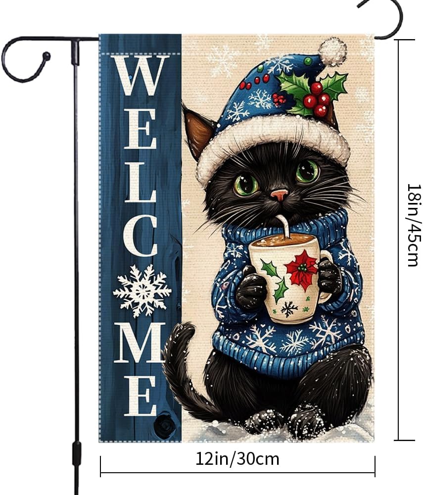 Christmas Welcome Cat Garden Flag 12x18 Inch Double-Sided Burlap Holiday Decor Featuring Snowy Kitty with Hot Cocoa - Image 3