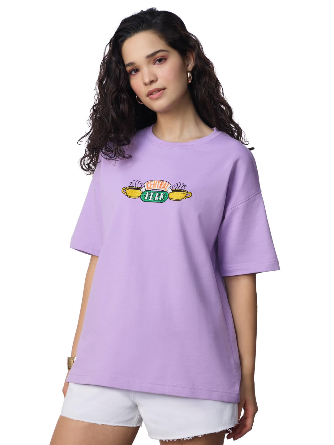the souled store Friends: Coffee Shop Women and Girls Short Sleeves Round Neck Purple Embroidered Cotton Lightweight Everyday Streetwear Oversized T-Shirt-picture-32