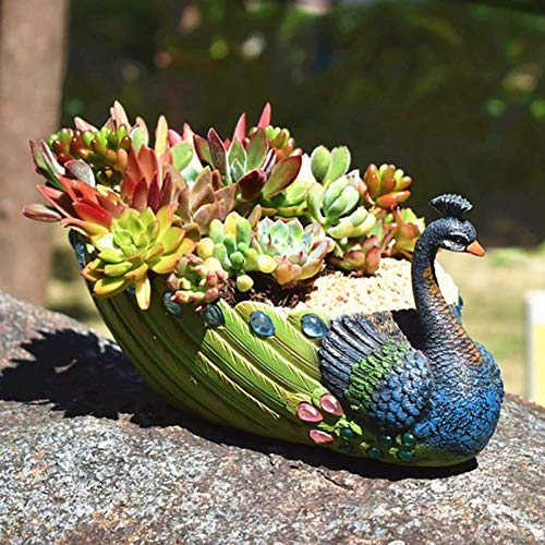 Resin Peacock Succulent Planter Pot, Vintage Decorative Flower Container with Shiny Crystals and Unique Carved Patterns, 10.5 X 7 X 5.5 Inch Size (As Shown)