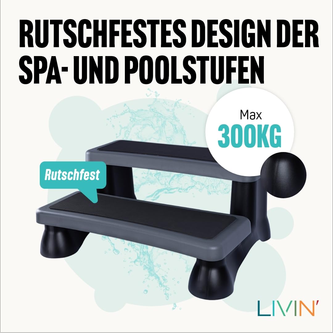 LIVIN' Universal Whirlpool Standtreppe mit 2 Stufen- rutschfest Spa Einstiegshilfe, Robuste Kunststoff tragbare Pool Stufen, 90x61x40 cm