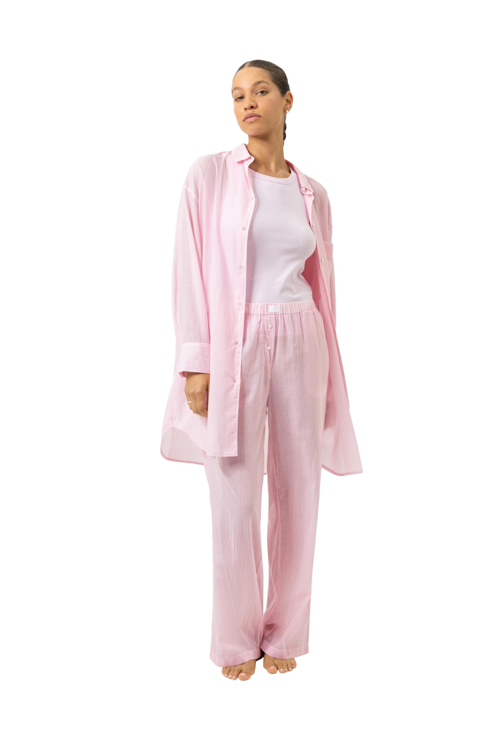 Mey Damen Nachthemd Langarm: Superleichtes Schlafshirt, Lässiger Oversized-Schnitt, Überschnittene Schulter, Komplett durchgeknöpft, Mit Brusttasche, Serie Cotton Stripes