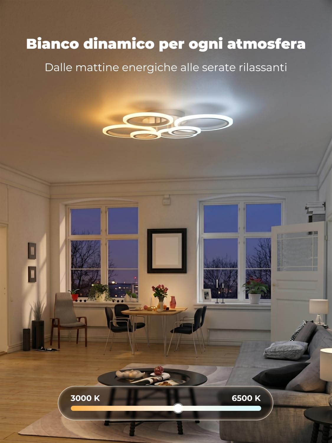 Plafoniera LED Soffitto Moderna Smart WiFi, Lampadario di Design a 6 Anelli 76W, Dimmerabile con App e Telecomando, Compatibile con Alexa e Google Home per Soggiorno Camera da Letto, Bianco