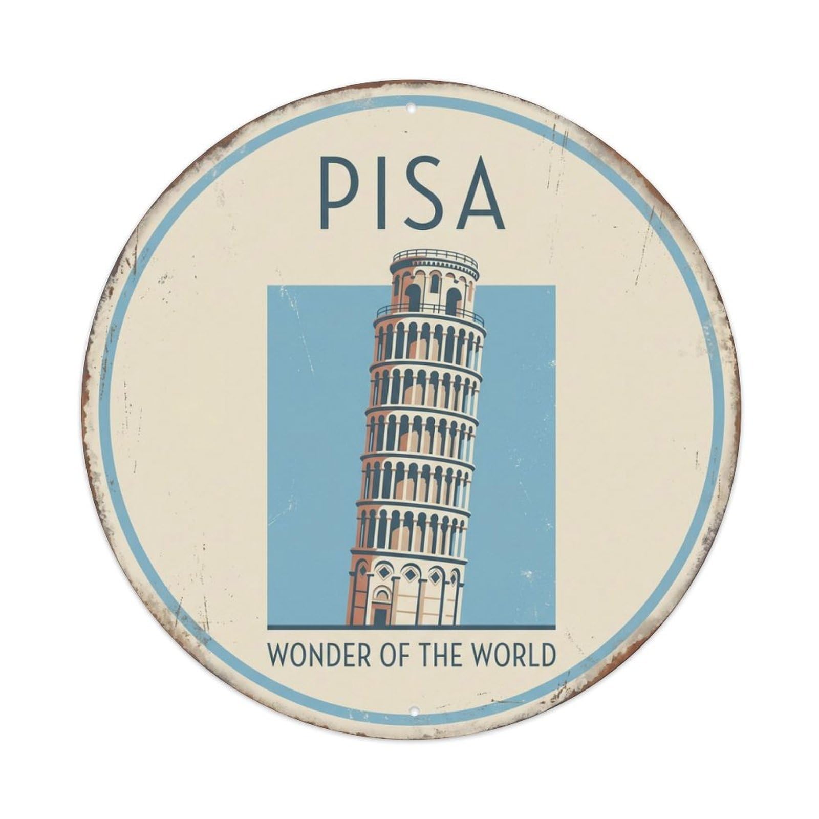 Vintage Travel Pisa Tower Italy Metal Tin Sign Plaque Wall Decor for Cafe, Club Bar, Office, Home Garden Round Metal Poster 8x8Inch