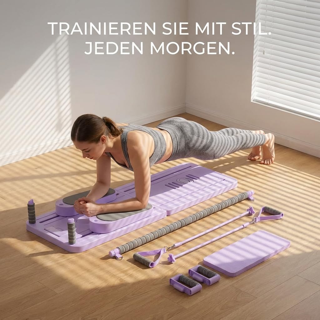 Pilates Board Set für zuhause - Faltbarer Reformer Pilates Maschine, Mini Pilates Reformer Board, Reformer für Pilates Premium - inkl. Timer, Widerstandsbänder, Griffe