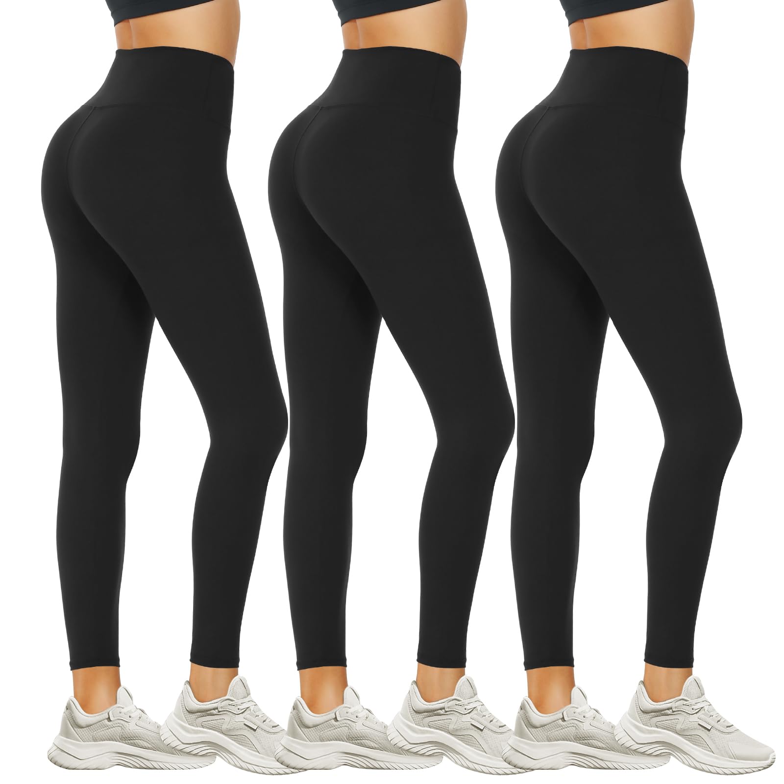 DDOBB Leggings Damen High Waist Sportleggins Lang Schwarz Leggins Blickdicht Bauchweg Sporthose Elastisch Yogahose Gym Festival Outfit(#12-Schwarz*3, (DE42-48)=L-XL)