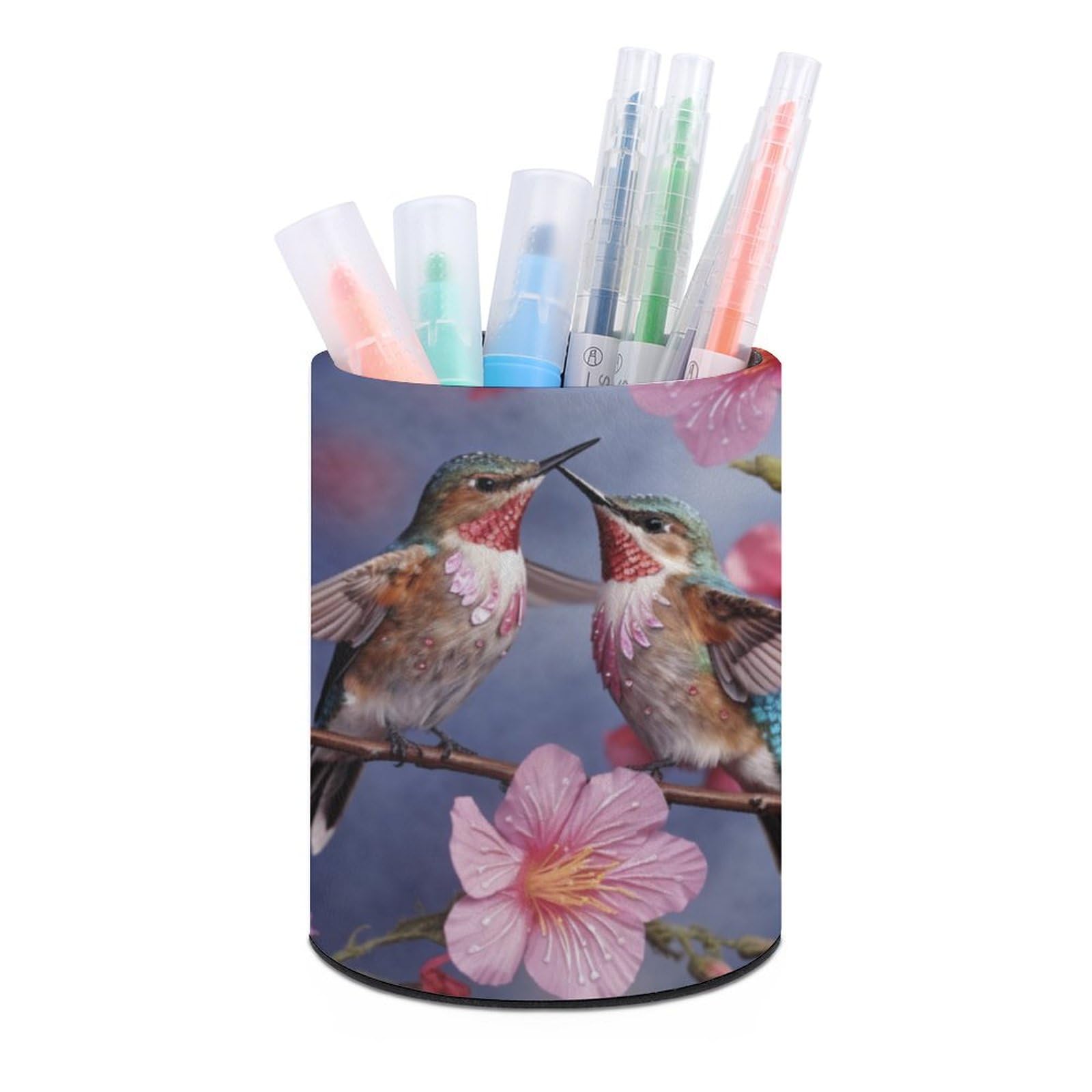 JTREHY Round Pen Holder,Humming Birds Printed Makeup Brush Storage Box Desktop Stationery Storage Cup Office Accessories Storage Box Pencil Storage Box for Home Office Dressing Table