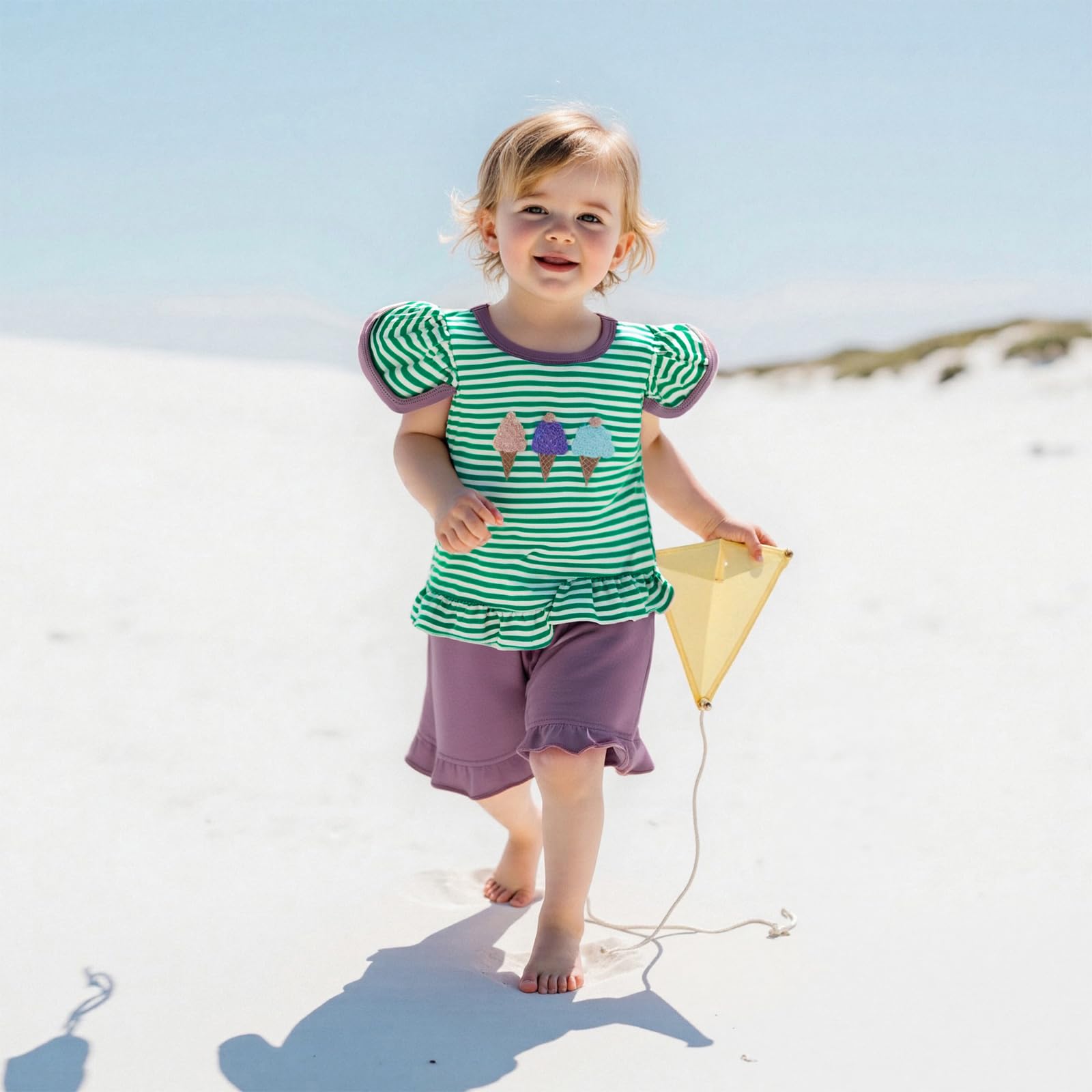 Ayalinggo Toddler Girl Summer Outfit Ice Cream Embroidered Tshirt Tops Solid Color Elastic Waist Shorts Set Cute Baby Clothes (Green, 2-3T)