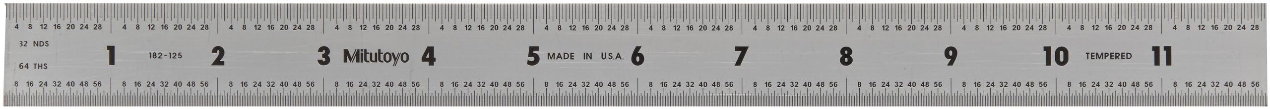 182-125, Steel Rule, 12"/300mm ( 1/32, 1/64", 1mm, 0.5mm), 3/64" Thick X 1" Wide, Satin Chrome Finish Tempered Stainless Steel