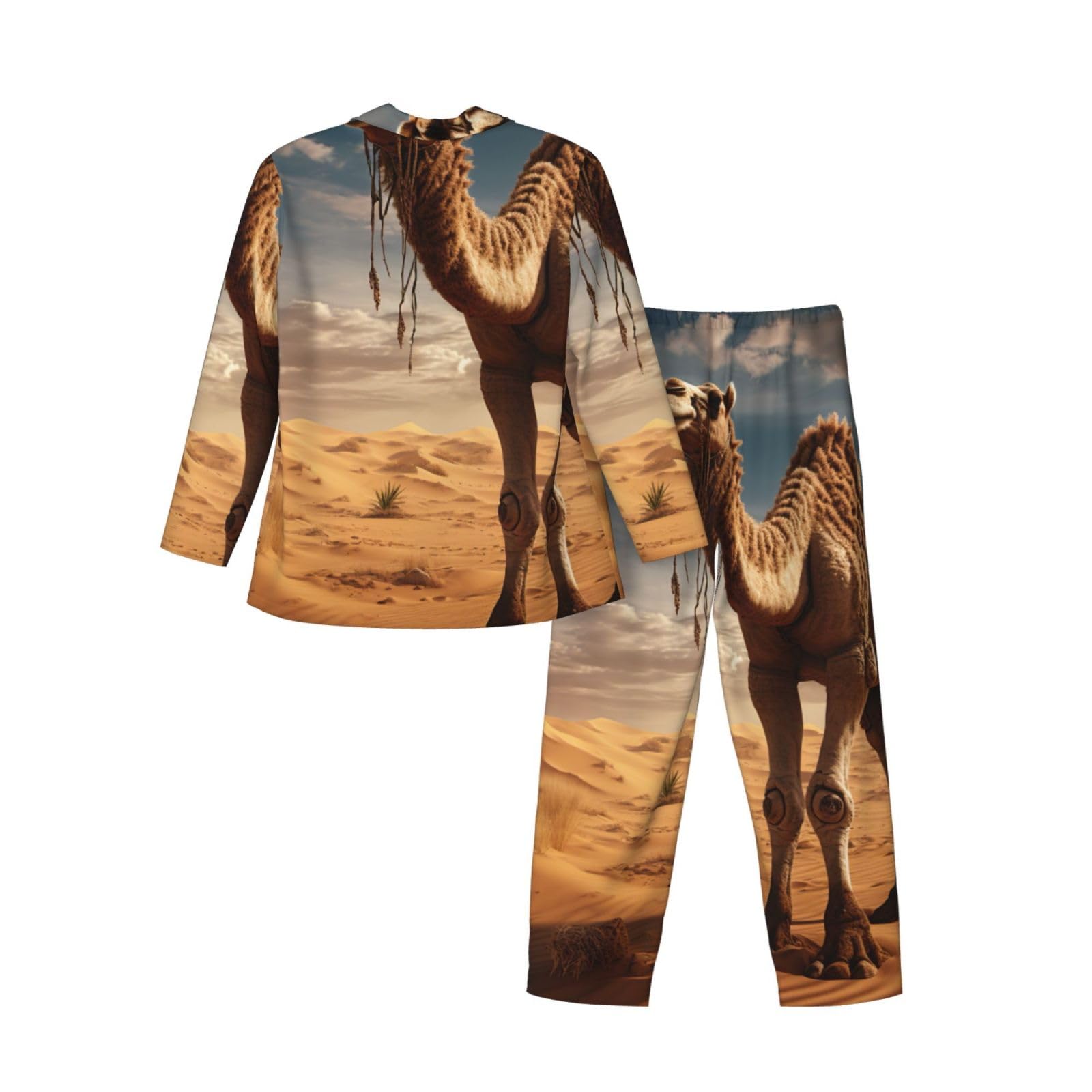 Pigiama a maniche lunghe da uomo con stampa cammello sabbia del deserto Set di due pezzi Traspirante Accogliente Weekend Loungewear