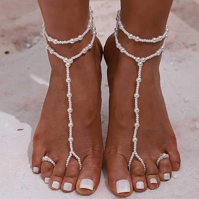 Yalice 2Pcs Pearl Barefoot Sandals Anklet Beach Foot Chain Toe Wedding Ankle Bracelet Jewelry for Women