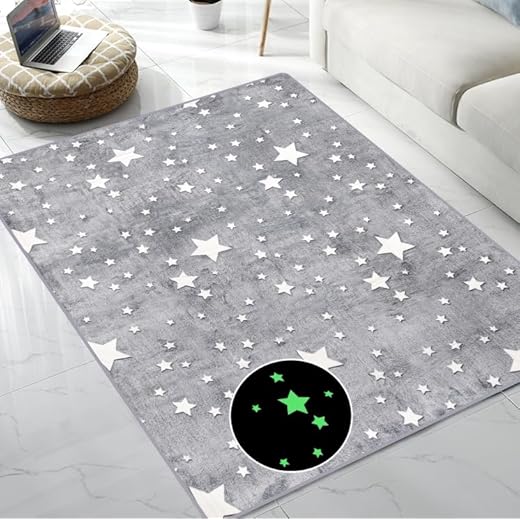 kksme Large Area Rug Carpet Glowing in The Dark Big Stars for Children Room Decor, Funny for Babyroom and Living Room, Rectangular Mat for Kids Bedroom Size 5'x6'