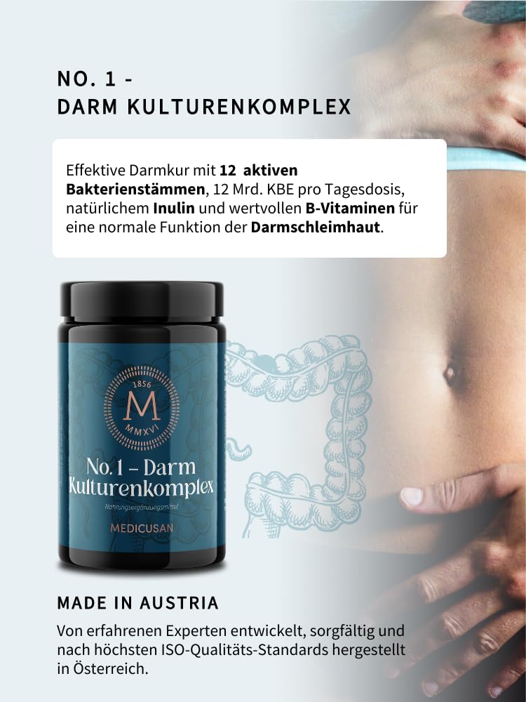 No.1 Darm Kulturenkomplex – 12 Bakterienstämme u.a. Lactobacillus Rhamnosus – 12 Mrd. KBE – 50 mg Inulin – 100% NRV Riboflavin – 20% NRV Niacin – 1 Kapsel/Tag – 90 Kapseln/90 Tage