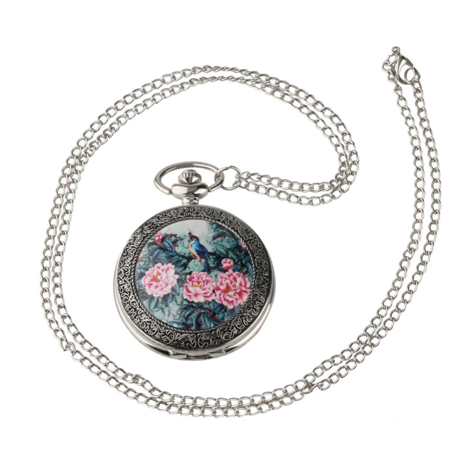 Reloj de Bolsillo, Reloj de Bolsillo Vintage, patrón un pájaro y Tres Flores, Reloj con Cadena