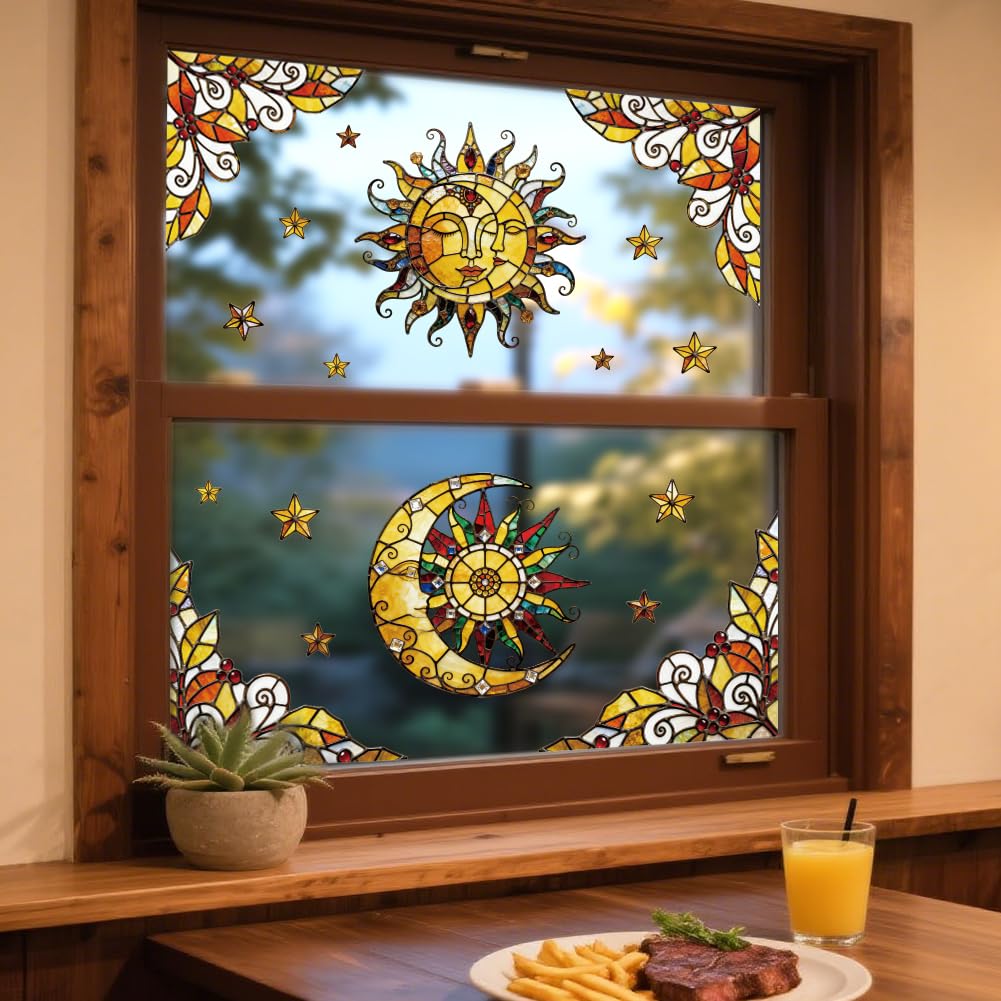 ANATTASOUL Spring Static Window Stickers Large Sun and Moon Reusable Window Clings for Glass Windows, 47.24" x 11.8" Removable Double Sided Window Decals for Room Office Home Kitchen Decoration