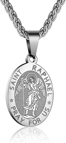 P. BLAKE Oval Saint Christopher/Michael/Joseph/Jude/Virgin Mary/Joseph/Francis/Patrick/Anthony/Benedict/Thomas Necklace for Men Women, Stainless Steel Catholic Patron Pendant with Chain 24 Inches