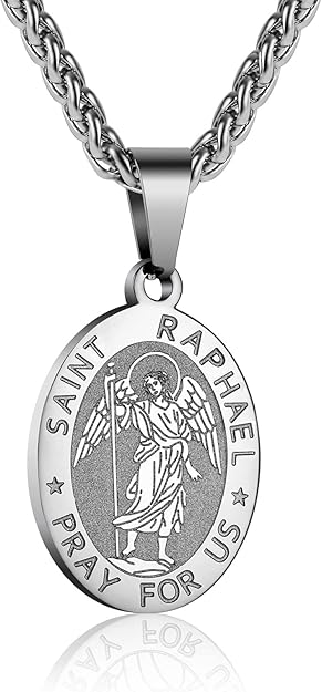 P. BLAKE Oval Saint Christopher/Michael/Joseph/Jude/Virgin Mary/Joseph/Francis/Patrick/Anthony/Benedict/Thomas Necklace for Men Women, Stainless Steel Catholic Patron Pendant with Chain 24 Inches