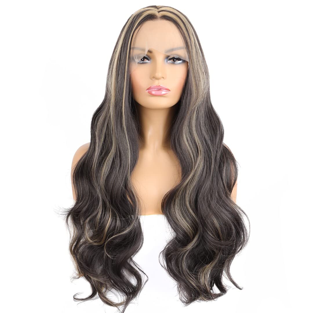 Paradise 28” Full Lace Front Wig for Women & Girls – Realistic Hairline, Long Synthetic Wig – Attach With Glue And Clips (Golden Highlights, 28, Straight)